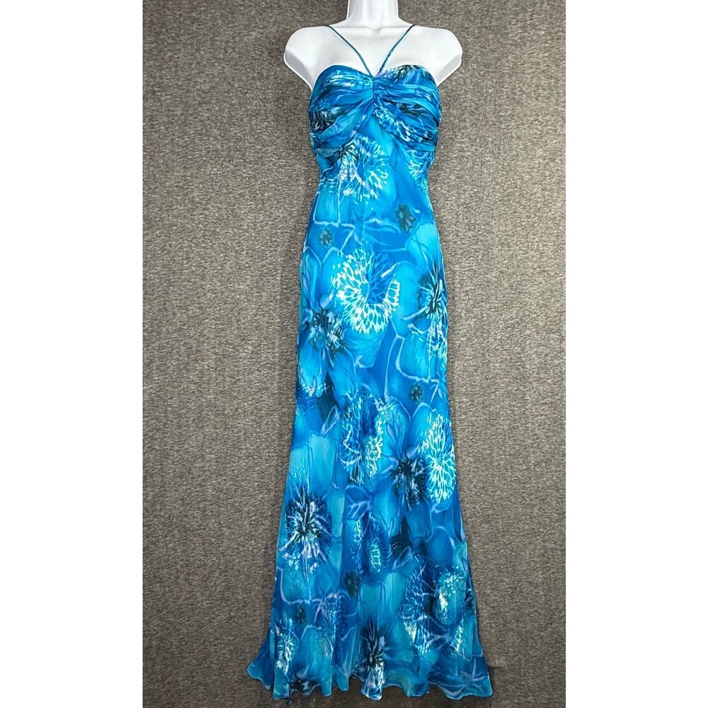 VIntage Cache Silk Floral Gown Size 2 Blue Criss Cross Halter Y2K